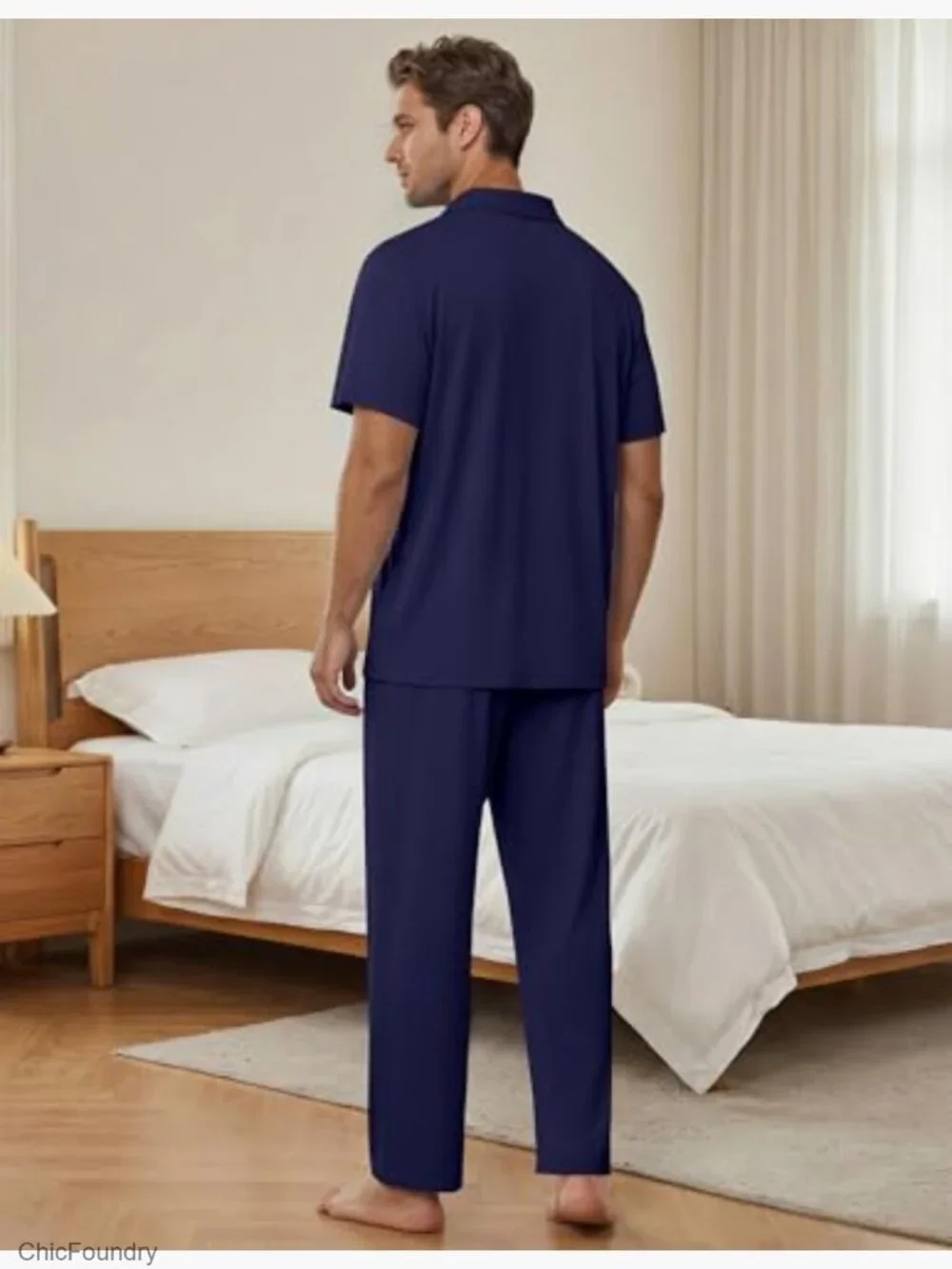 Mens Pajama Set Short Sleeve Button Down Sleepwear Long Pant Lounge Set with